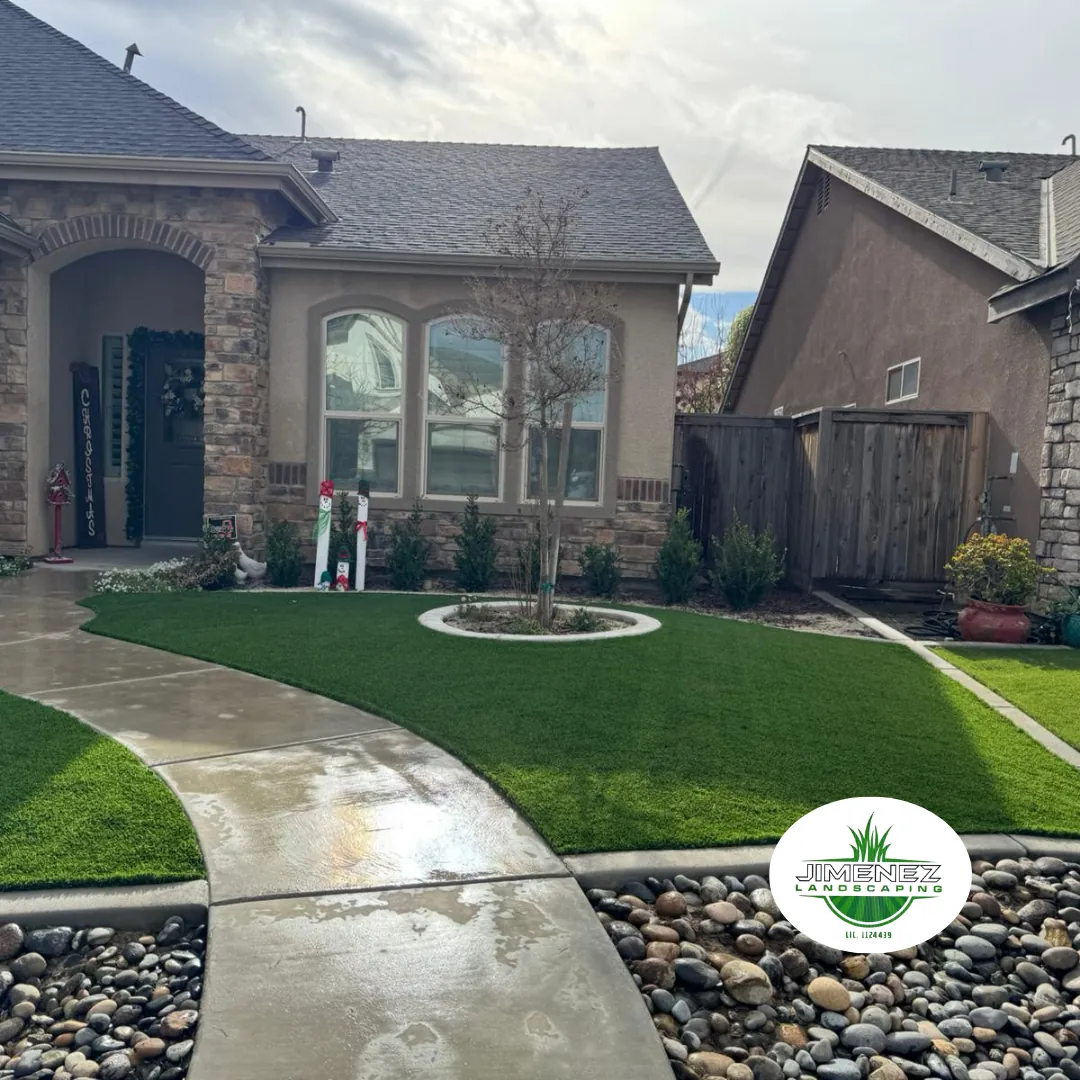 Front yard landscape design featuring lush artificial turf, decorative stone pathway, and a tree surrounded by shrubs, showcasing Jimenez Landscaping's expertise in Bakersfield.