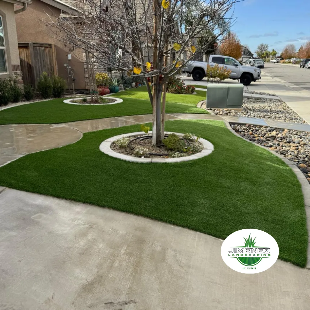 Lush artificial turf landscaping with decorative stone borders and a small tree, showcasing Jimenez Landscaping's expertise in Bakersfield outdoor design.