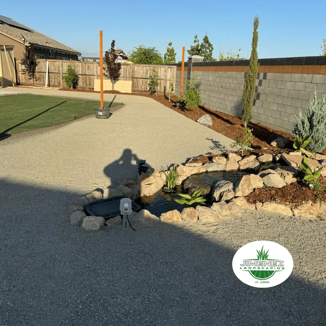 Landscaped backyard in Bakersfield featuring a gravel area, a stone-bordered pond with aquatic plants, and newly planted trees, showcasing Jimenez Landscaping's masonry and design services.