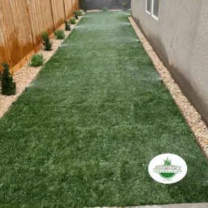 Artificial turf installation in a landscaped pathway with decorative rock and small shrubs, showcasing Jimenez Landscaping's services for Bakersfield yards.