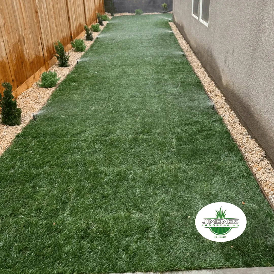 Artificial turf installation with decorative rock borders and shrubs, showcasing a well-maintained landscape design in Bakersfield.