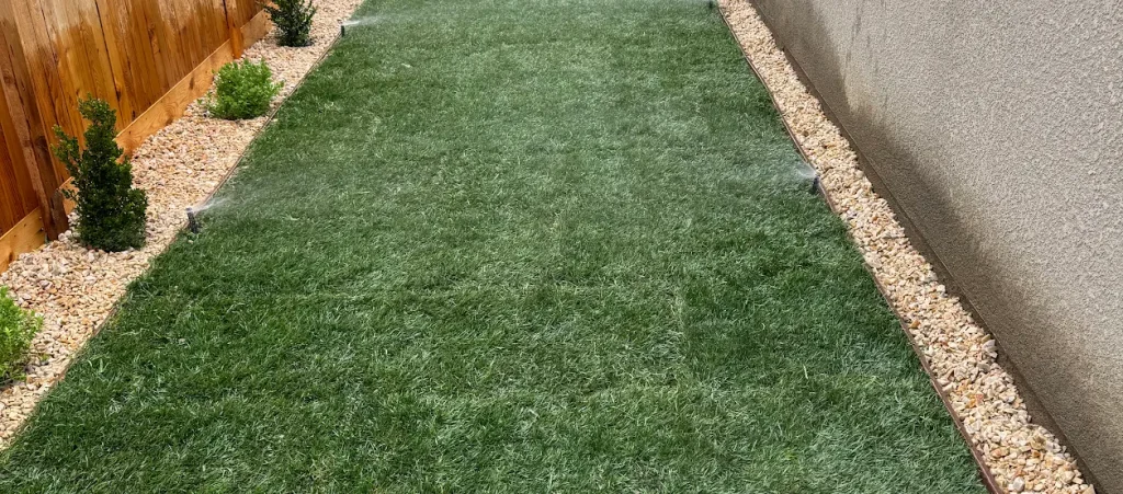 Artificial turf installation with decorative rock borders and small shrubs, showcasing a well-maintained backyard in Bakersfield.